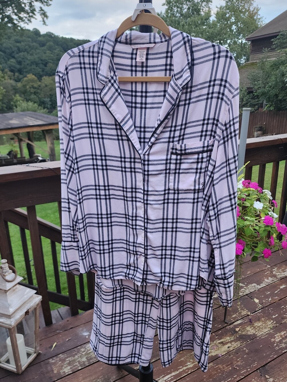 Women's L Victoria Secret Pajama Set Blush Pink long Sleeve Cotton flannel Plaid